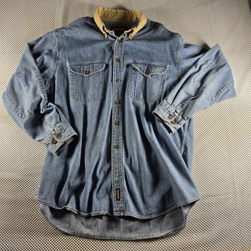 Woolrich Mens L Denim Shirt Blue Jean Button Down Tan Collar Elbow Patches